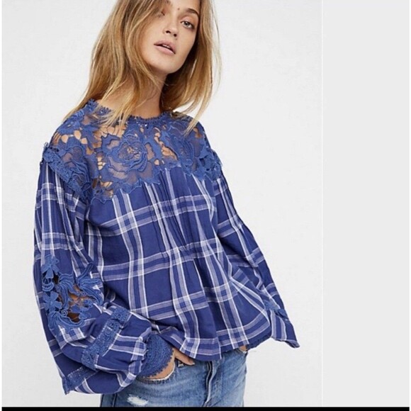 FREE PEOPLE Darling Diana Tunic Lace Top Size XS-Blue Plaid $128 - Picture 1 of 7